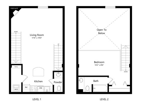 Floor plan for 1 bed, 1.5 baths, 762 sqft